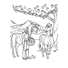 Illustration of an Indian with apples and horses against the background of nature