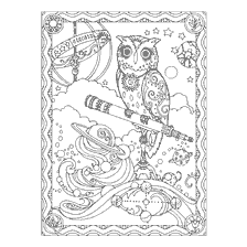 boyama sayfası: Yetişkinler için renkli kitap: Owl-astronomer teleskop ve gezegenler