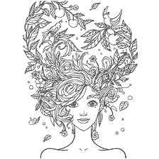 boyama sayfası: Anti-stress kızla çiçek ve foliage