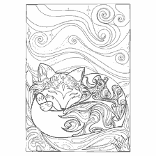 Colorear para adultos representando un zorro dormido con swirls y estrellas
