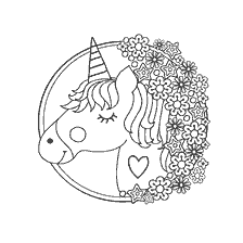 boyama sayfası: Renkli kitaptaki çiçekler arasında Unicorn