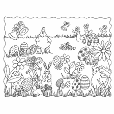 Kleuren met paaseieren, hazen en bloemen