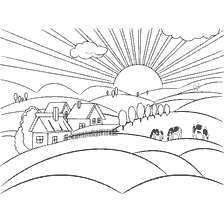 coloring page: Coloring with the image of a peaceful landscape with a house, singing cows and shining sun