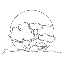 coloring page: Black and white landscape coloring with wood and sun at sunset