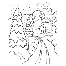coloring page: Coloring of the winter landscape with trees, a house and a snow road