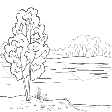 coloring page: Coloring picture with river landscape and trees