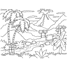 coloring page: Landscape drawing with volcanic eruption and tropical plants