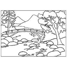 coloring page: Coloring landscape with a bridge over the river and trees
