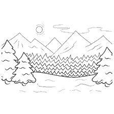 coloring page: Coloring the winter landscape with mountains and trees