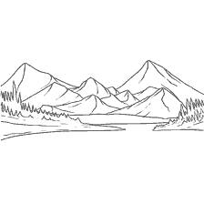 coloring page: Contour painting landscape with mountains and river