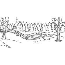 coloring page: Coloring picture with the landscape of the icebreaker with a house and trees