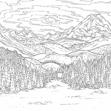 coloring page: Coloring picture of a mountain landscape with trees and a river