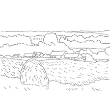 coloring page: Summer landscape with houses and a field for painting