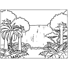 coloring page: Coloring with waterfall and tropical plants