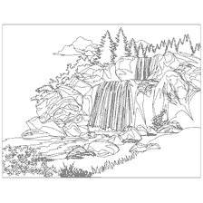 coloring page: Coloring with the image of a mountain waterfall and the surrounding landscape