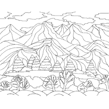 coloring page: Contour drawing of the landscape with mountains and trees