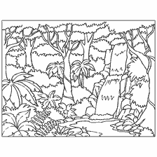 coloring page: Coloring the landscape of the tropics with a waterfall and green plants