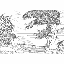coloring page: Seascape with a boat and palm trees