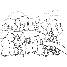 coloring page: Coloring image of forest landscape with trees and sun