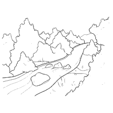 coloring page: Black and white coloring landscape with river and stones