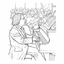 coloring page: Drawing of a pianist playing a piano with an orchestra in the background