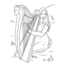 coloring page: The girl plays the harp in a picturesque setting