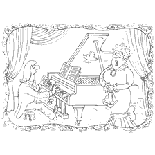 coloring page: Illustration with a musician playing the piano and an opera singer performing an aria