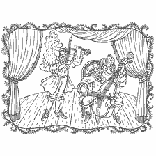 coloring page: Two musicians on stage: violinist and cellist
