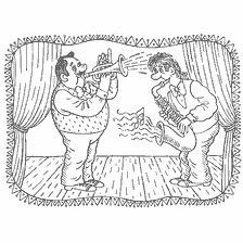 coloring page: Two musicians play jazz on stage.