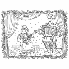 coloring page: A girl with a balalaika and a guy with an accordion on stage