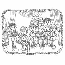 coloring page: Illustration of children singing in a choral performance with musical instruments