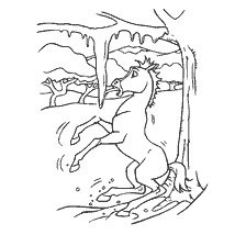 Spirit's horse plays in the snow under a tree
