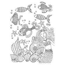 boyama sayfası: Yetişkin anti-stress için, denizde mermaids ve balık resmi ile renklendirme
