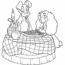 coloriage: Dame et Tramp au dîner romantique de pâtes