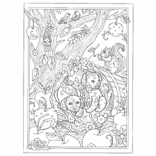 coloring page: Coloring book for adults: Dogs and Puppies in a cozy garden