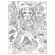 coloring page: Coloring book for adults: Dog and fantastic robots against the background of space