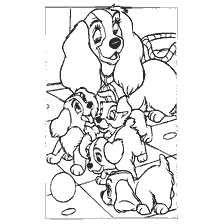 coloriage: Lady et Tramp avec les chiots et leur mère