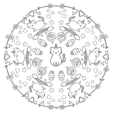 coloring page: Coloring mandala with cats and sweets