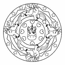 coloring page: Mandala with unicorns, clouds and hearts for coloring
