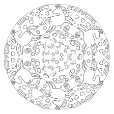 coloring page: Coloring mandala with unicorns, clouds and hearts