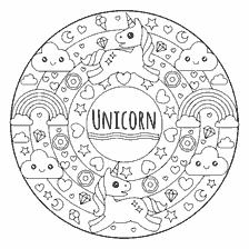 coloring page: Mandala with unicorns and beautiful elements for painting.