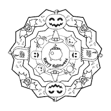 coloring page: Mandala with Halloween elements including pumpkins, spiders and the inscription 'Happy Halloween'