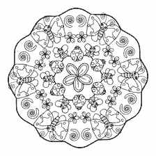 coloring page: Coloring mandala with butterflies, flowers and beetles