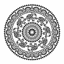 coloring page: Black and white coloring mandala with the image of elephants