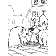 coloriage: La dame et le piège qui mangent des spaghettis