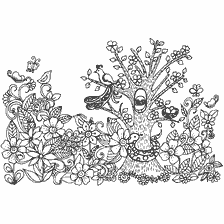 Livro de colorir para adultos representando flores e animais florestais