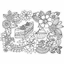 Colorir para adultos com flores e sobremesa